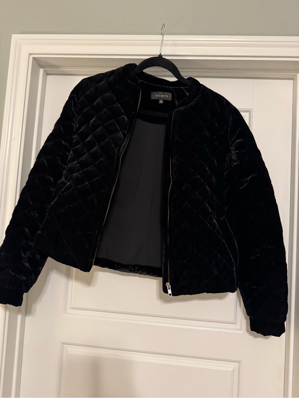 Talbots Black Quilted Velvet Bomber Jacket